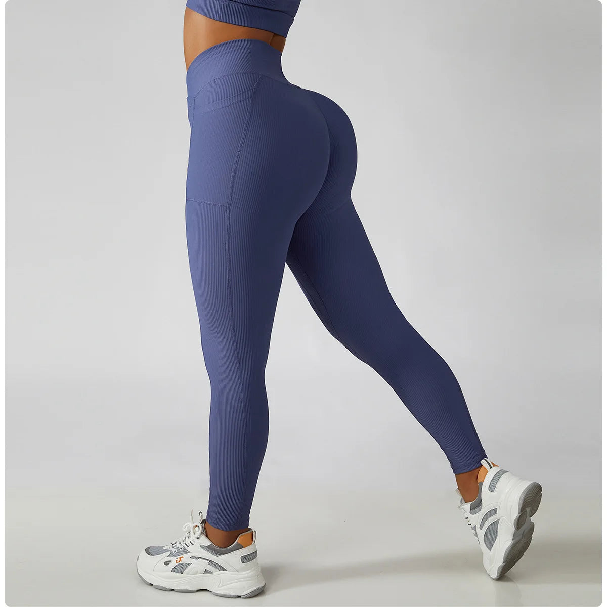 Solid Color Ribbed Yoga Pants